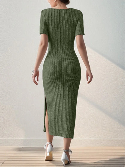 Summer Dresses for Women Square Neck Hip-Covering Mid-Length Skirt Short-Sleeved Versatile Knitted Slit Dress